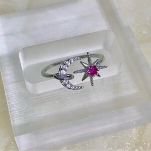 Sterling Silver and Pink Star and Moon Ring